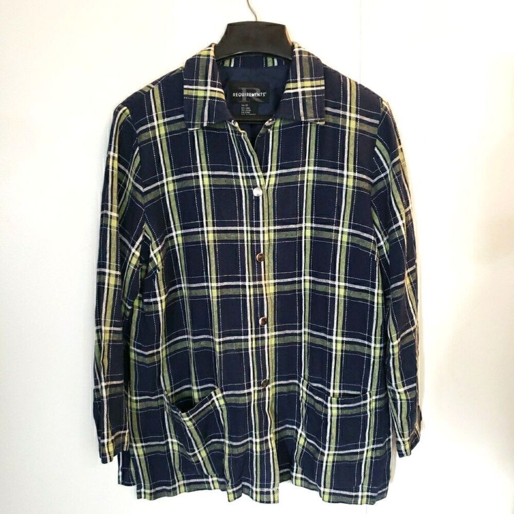 Requirements Plaid Flannel Pockets Linen Blend Snap Buttons Navy Size 12